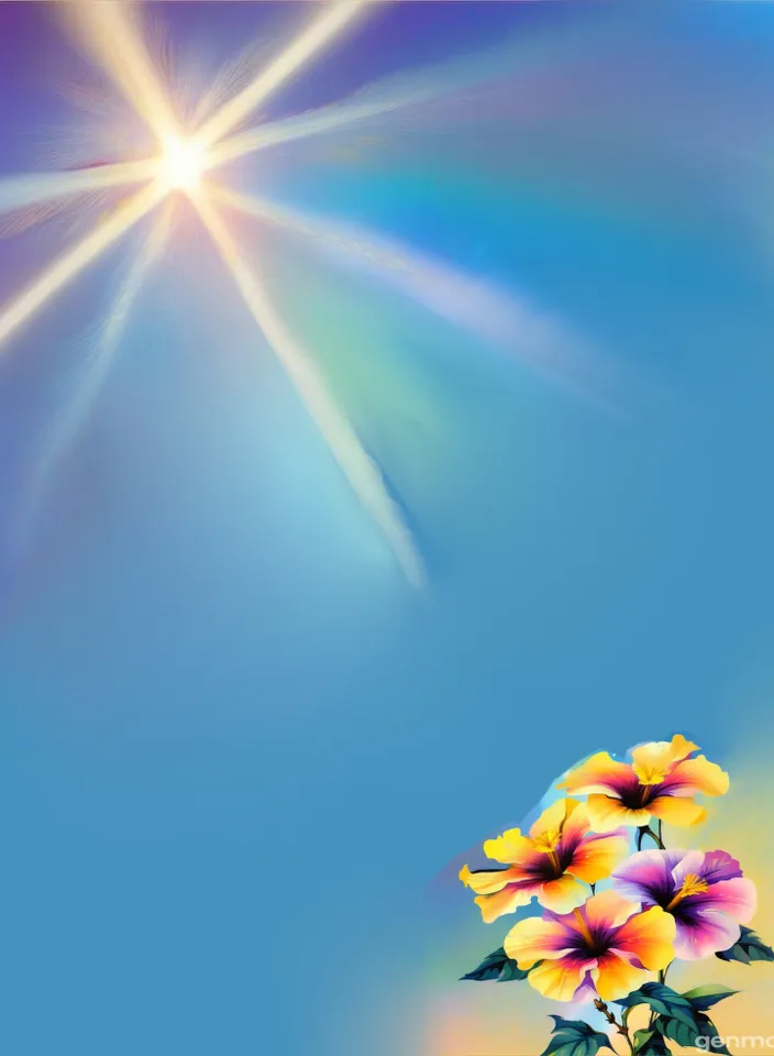 a painting of flowers with a bright sun in the background