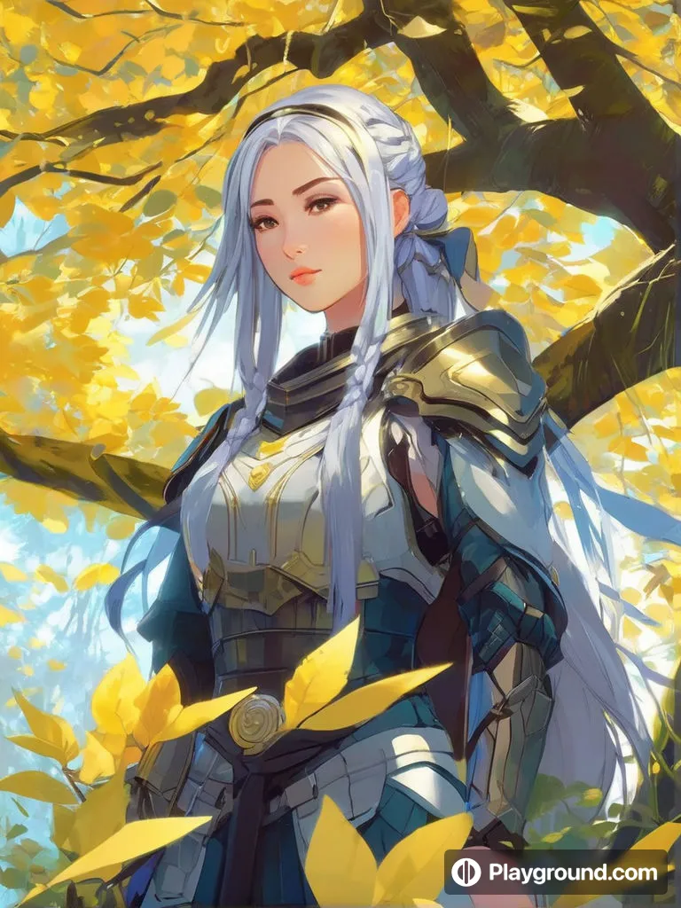 a woman with white hair standing in front of a tree