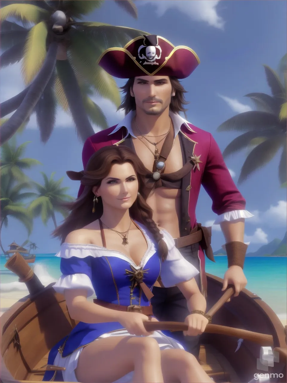 a pretty woman pirate and a dangerous looking man pirate row the boat near a beach with palm trees, tropical island