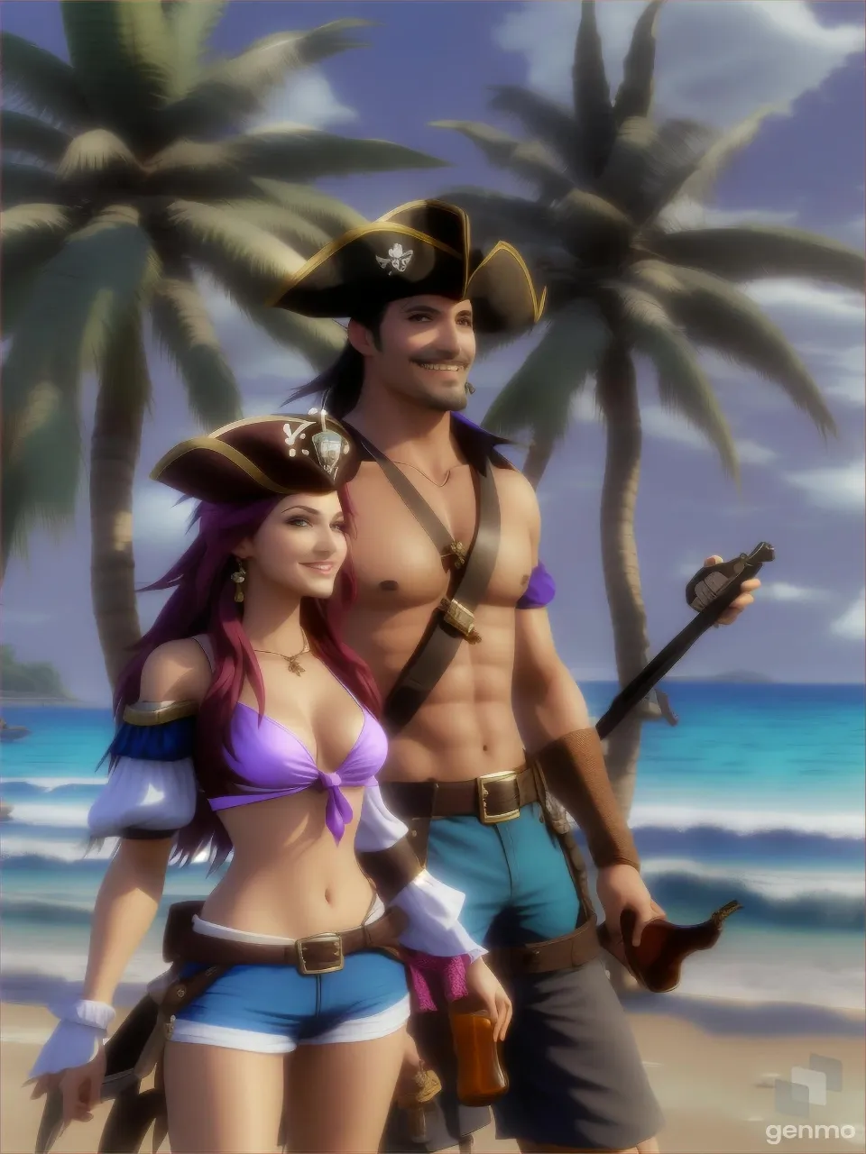 a lady pirate and a man pirate on a deserted beach, hold up bottles of beer to cheers