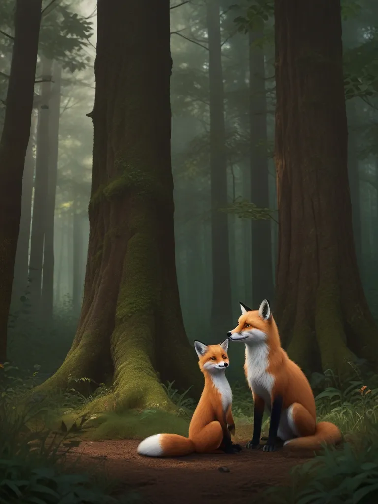 a couple of foxes sitting next to each other in a forest