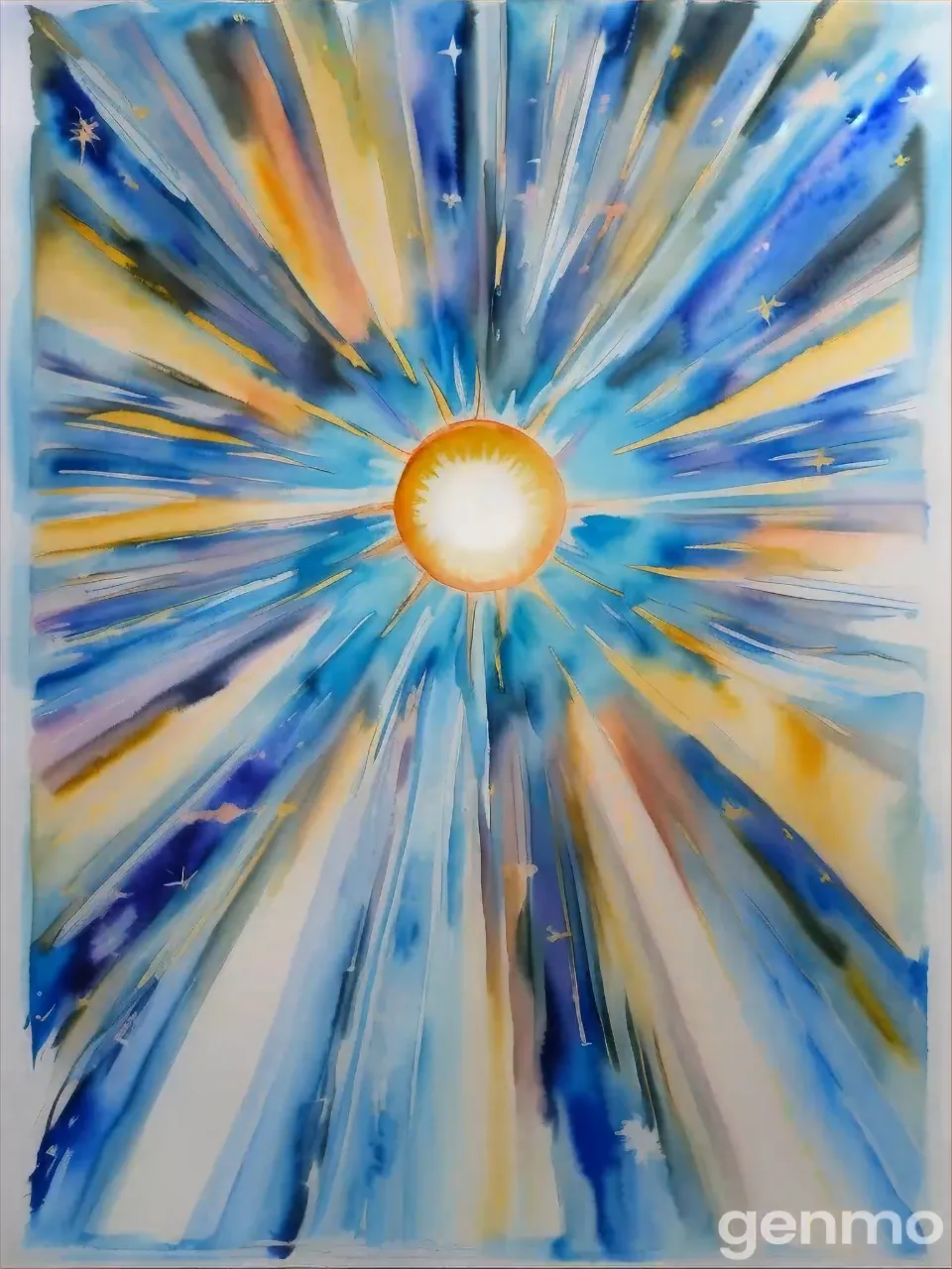 a painting of a sun with blue and yellow colors