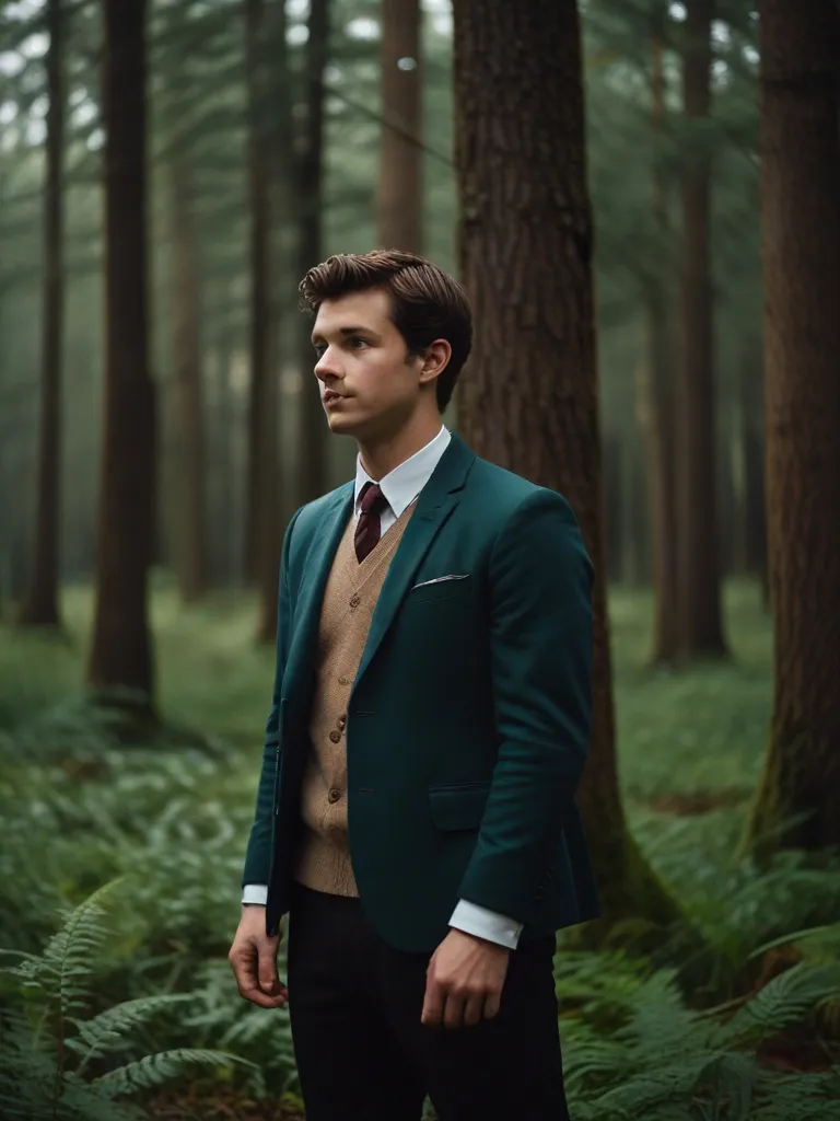 a man in a suit standing in a forest