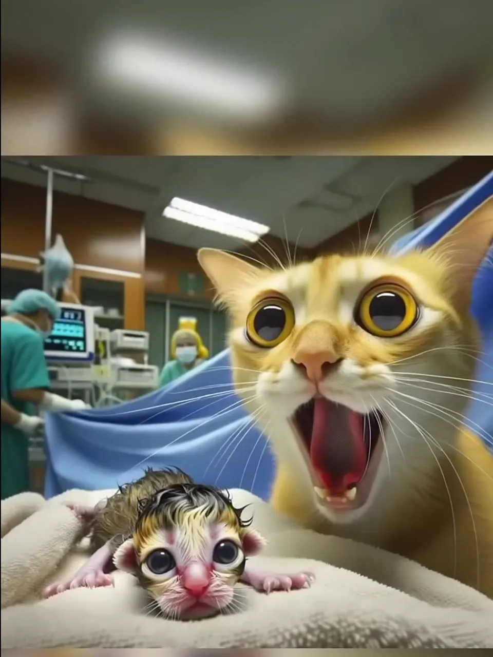 a cat with it's mouth open next to a baby cat