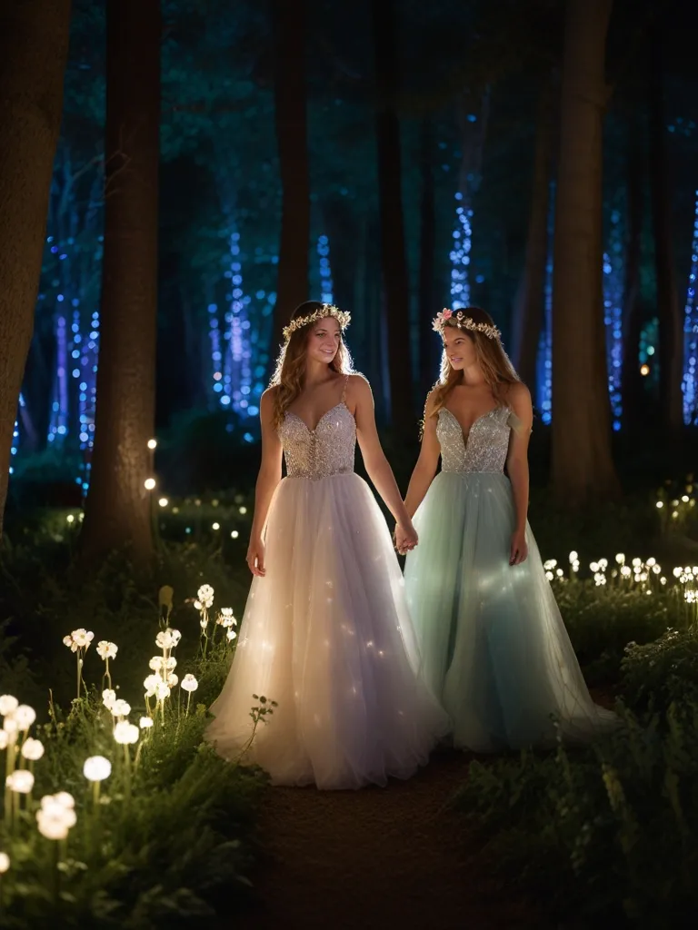 two women in dresses standing in a forest at night