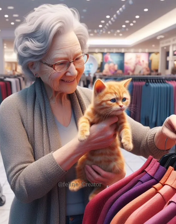 a woman holding a cat in a clothing store