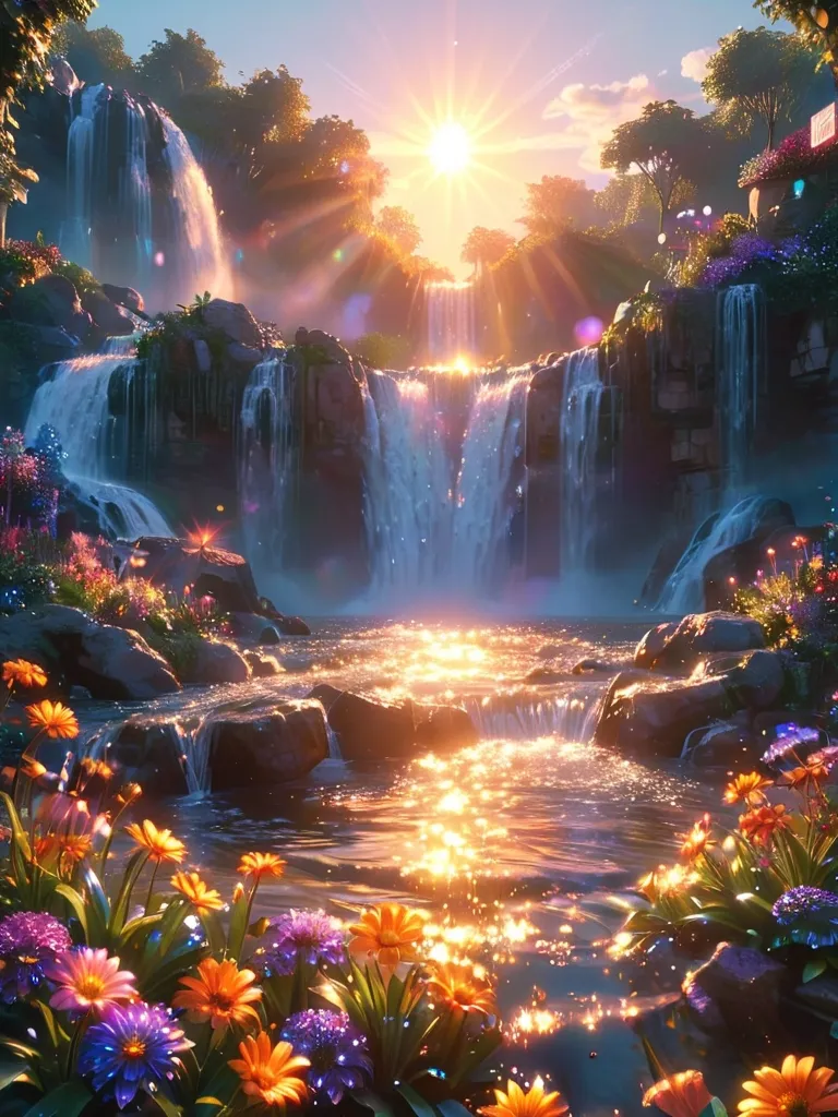 a painting of a waterfall surrounded by flowers