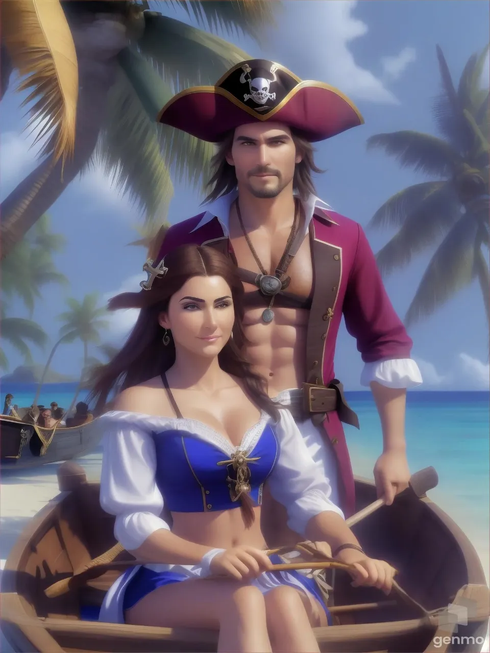 a pretty woman pirate and a serious man pirate are in a rowboat towards a tropical island