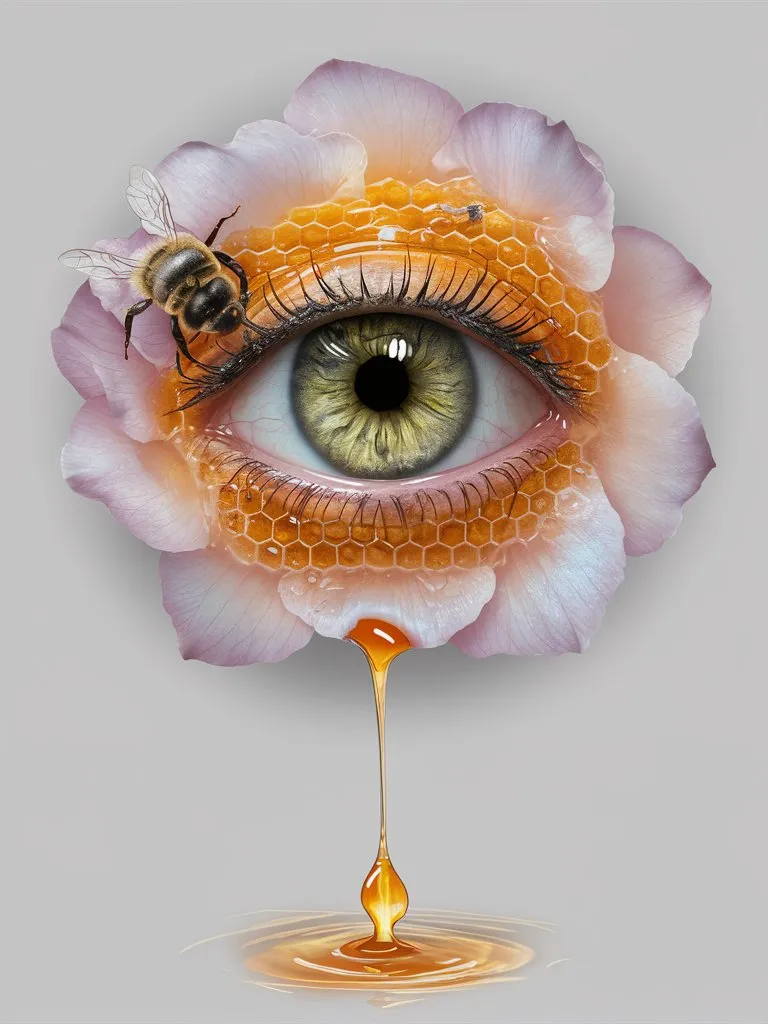 a bee on a flower with a honey dripping from it