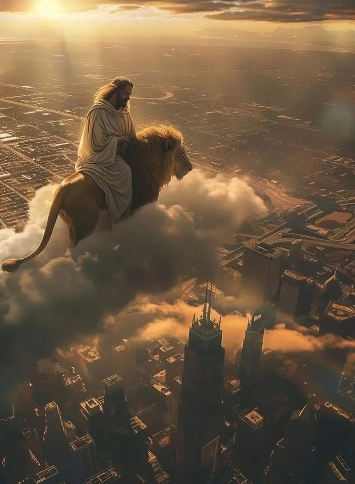 a man riding on the back of a lion in the sky