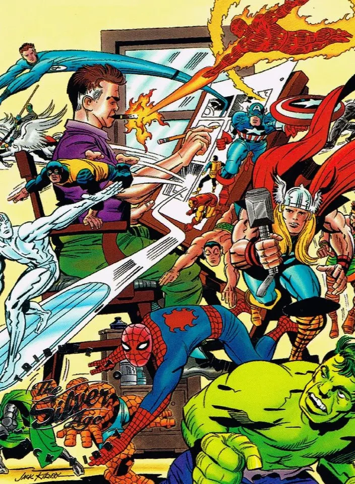 an image of a bunch of avengers characters Marvel artist Jack Kirby sits drawing and smoking a cigar while interacting with the characters in his illustration 