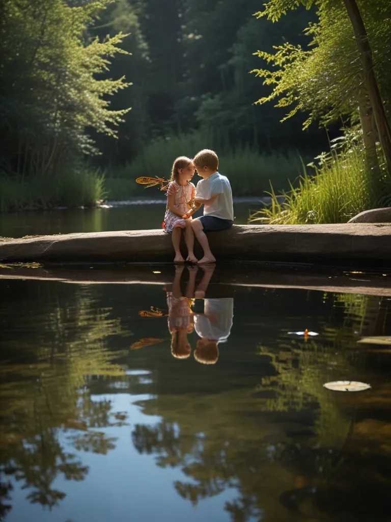 a couple of kids sitting on a rock near a body of water