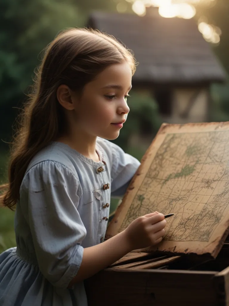 a little girl holding a map and writing on it