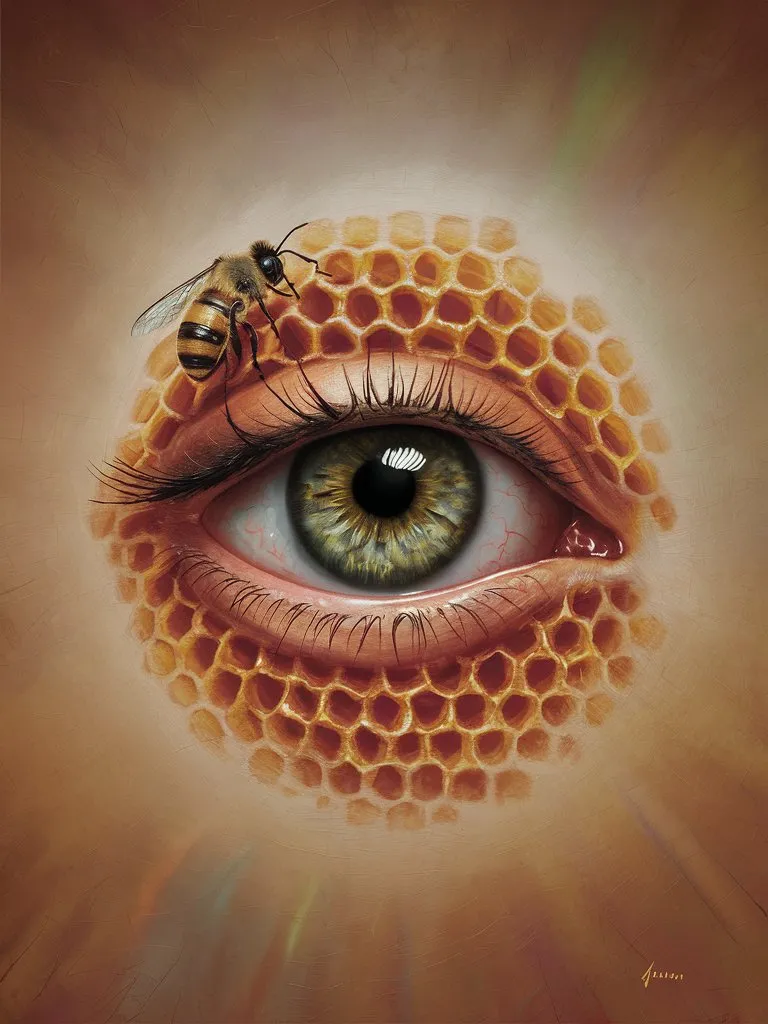 a painting of a bee and a human eye