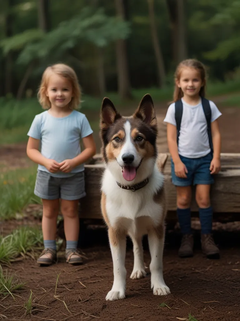 two children and a dog standing in front of a bench