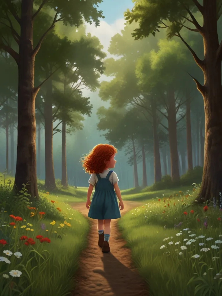 a painting of a little girl walking through a forest