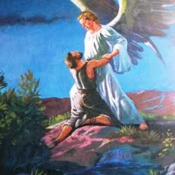 a painting of a man kneeling down next to an angel