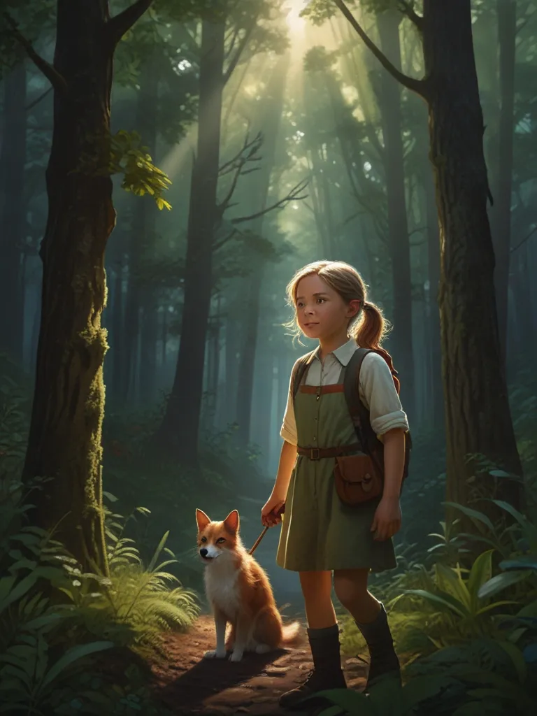 a little girl standing next to a dog in a forest