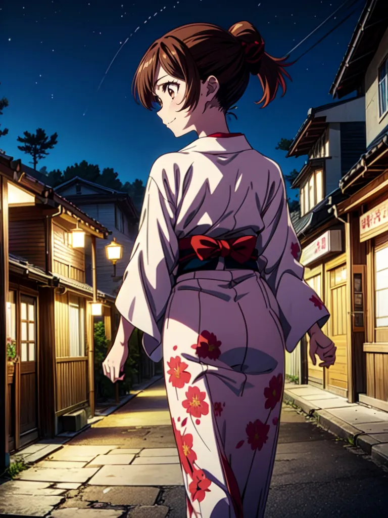 a woman in a kimono walking down a street