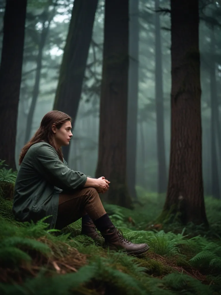 a woman sitting in the middle of a forest