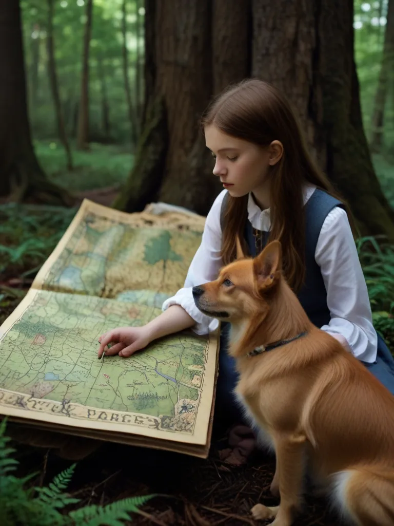 a young girl sitting on the ground next to a dog looking at a map