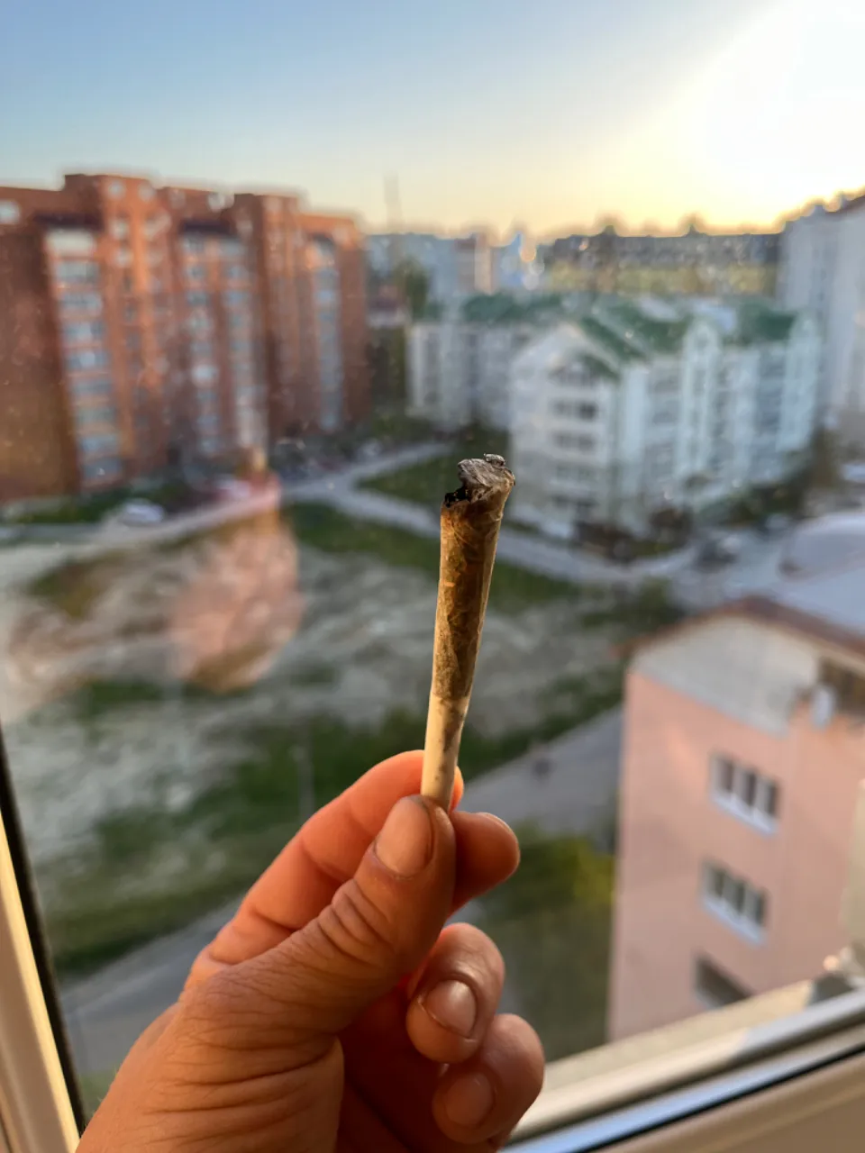 a hand holding a cigarette in front of a window