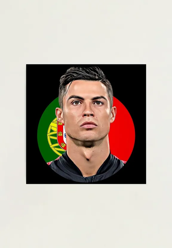 a portrait of a soccer player with a portugal flag in the background