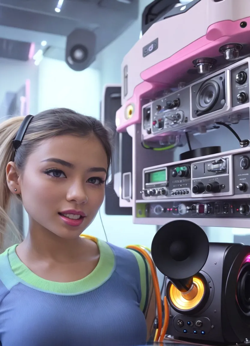 a girl with headphones standing in front of a rack of sound equipment