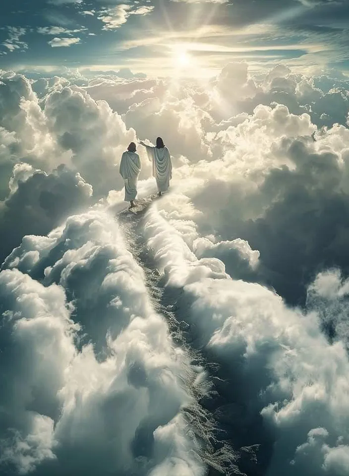 two people walking on a path in the clouds