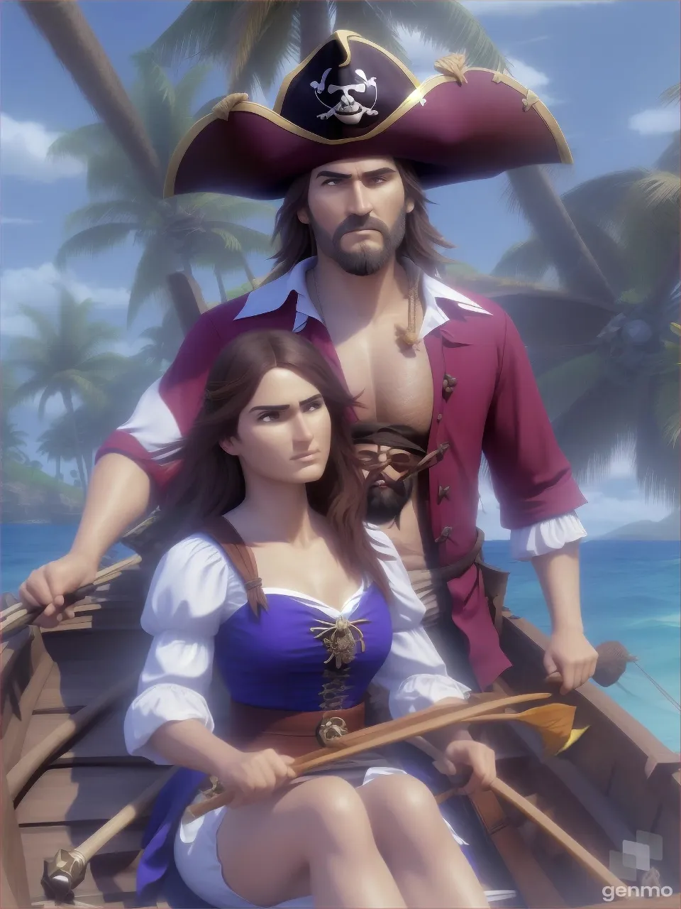 zoom out to see a pretty pirate woman and a pirate man in a rowboat, a tropical island is behind them with a sandy beach and palm trees 