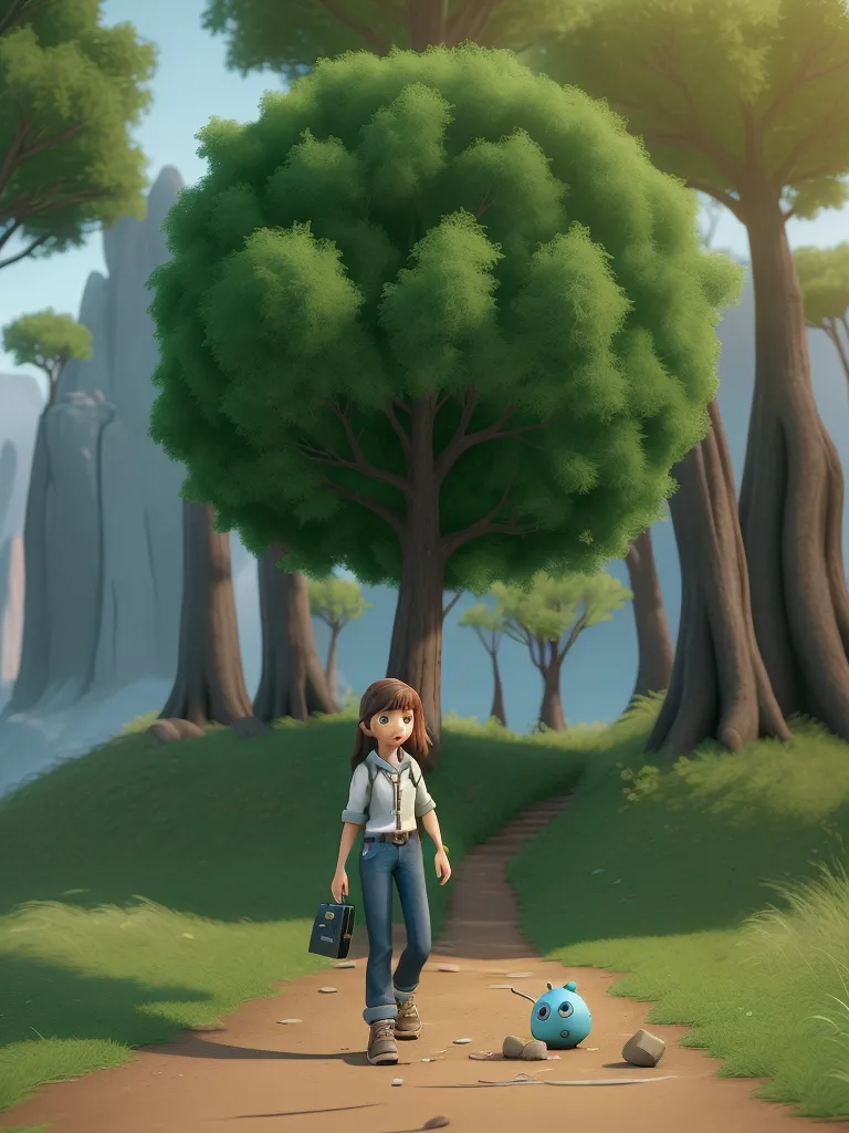 a woman walking down a dirt road next to a forest