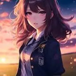 a girl in uniform standing in front of a sunset