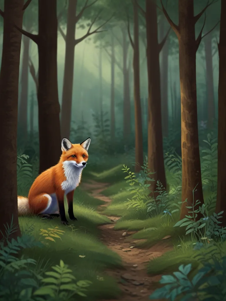 a painting of a fox sitting in the middle of a forest