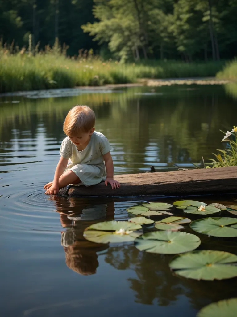 a little boy sitting on a dock in the water