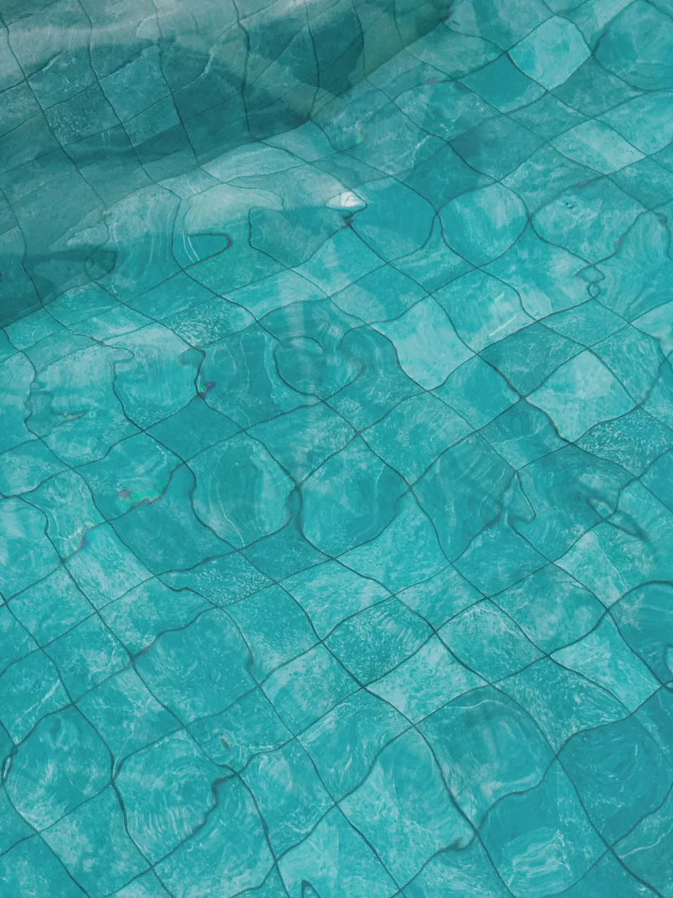 Electric blue tile flooring featuring a shell and coral pattern, with glimpses of an underwater scene with playful fish and swaying seaweed