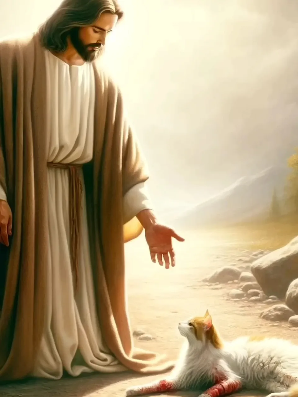 a painting of jesus with a cat on the ground