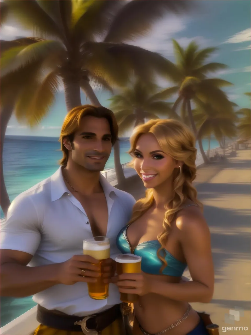 a man and a blonde woman holding bottles of beer on a deserted beach