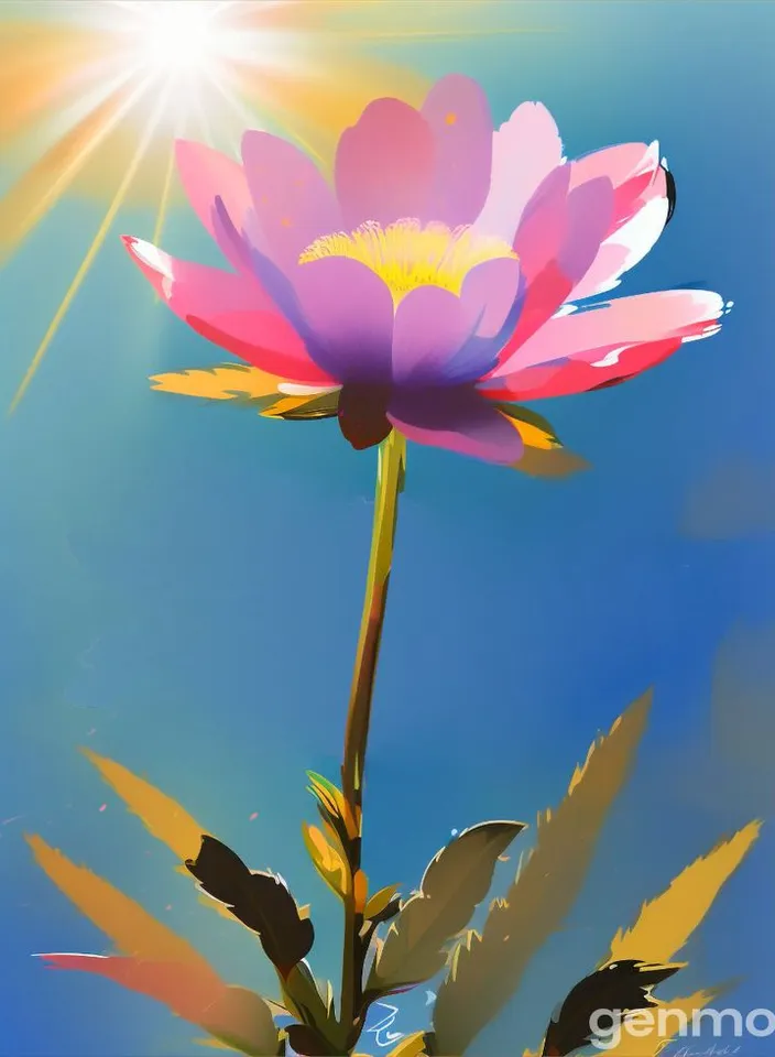 a pink flower with a blue sky in the background