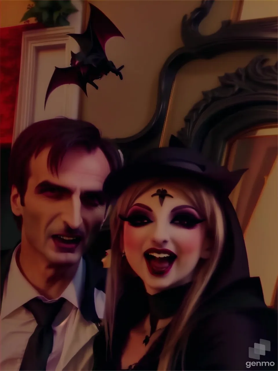 a vampire and a blonde lady vampirine with bats flying in the background