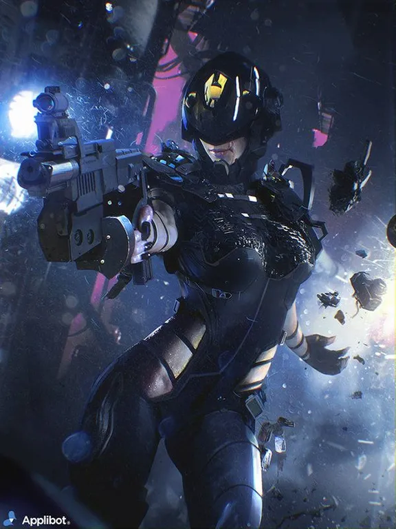 a woman long hair in a futuristic suit holding a gun