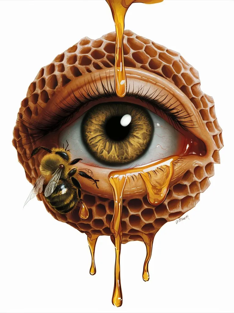 an eye with honey dripping out of it