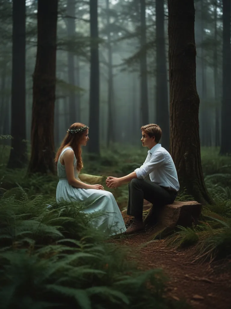 a man and woman sitting on a bench in the woods