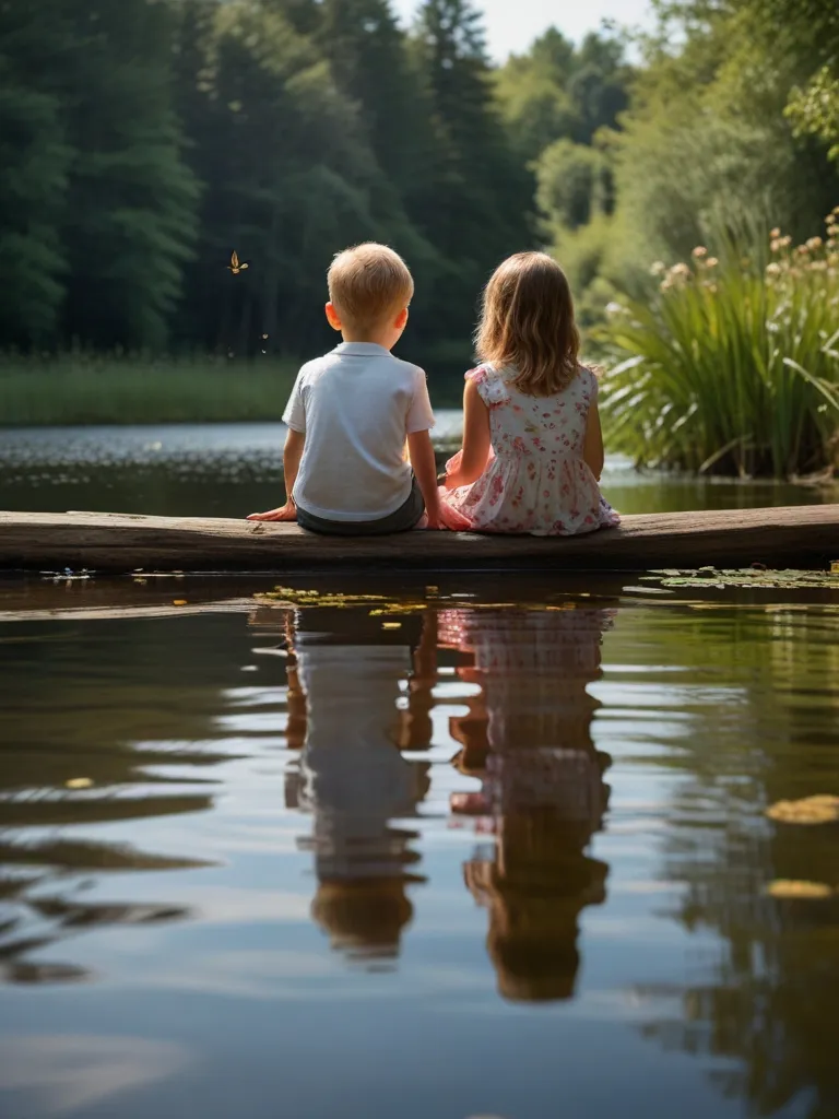 two children sitting on a dock looking at the water