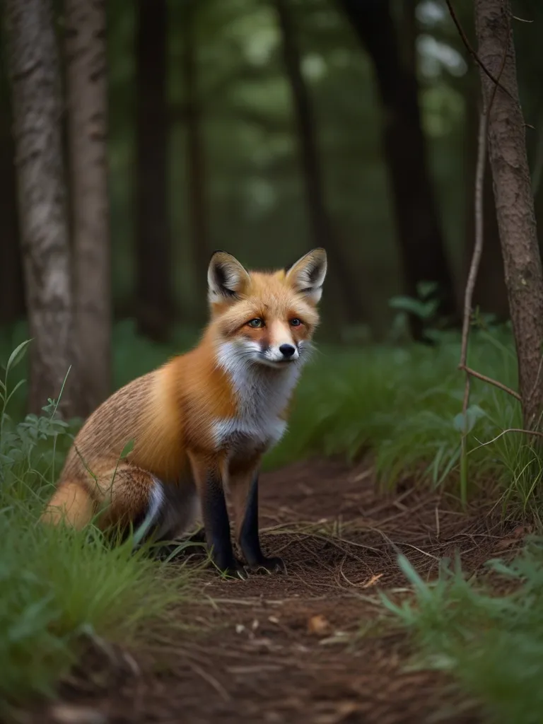 a red fox sitting in the middle of a forest