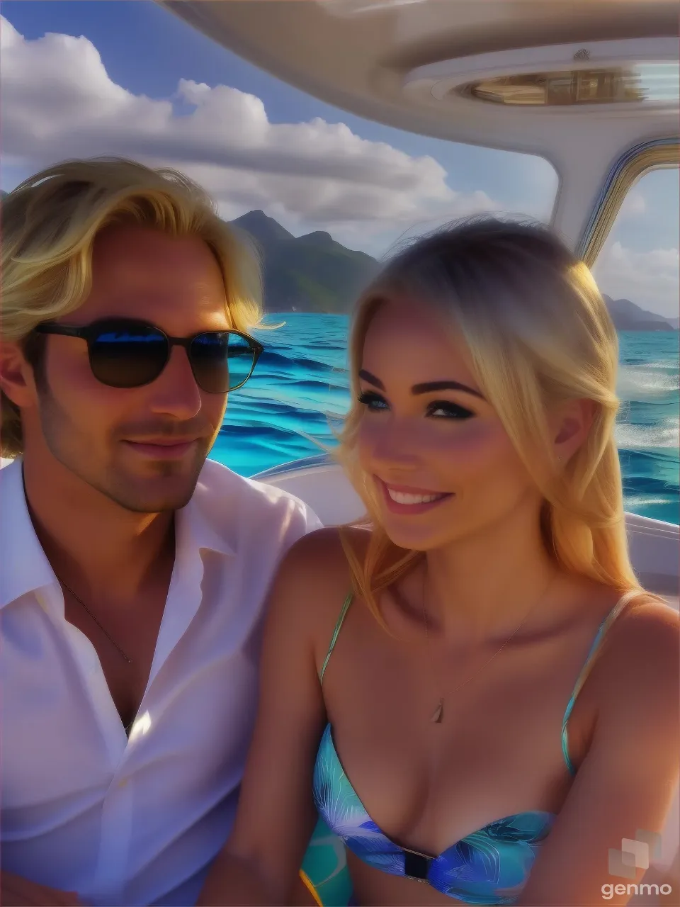 a man and a cute blonde woman sitting on a tropical beach