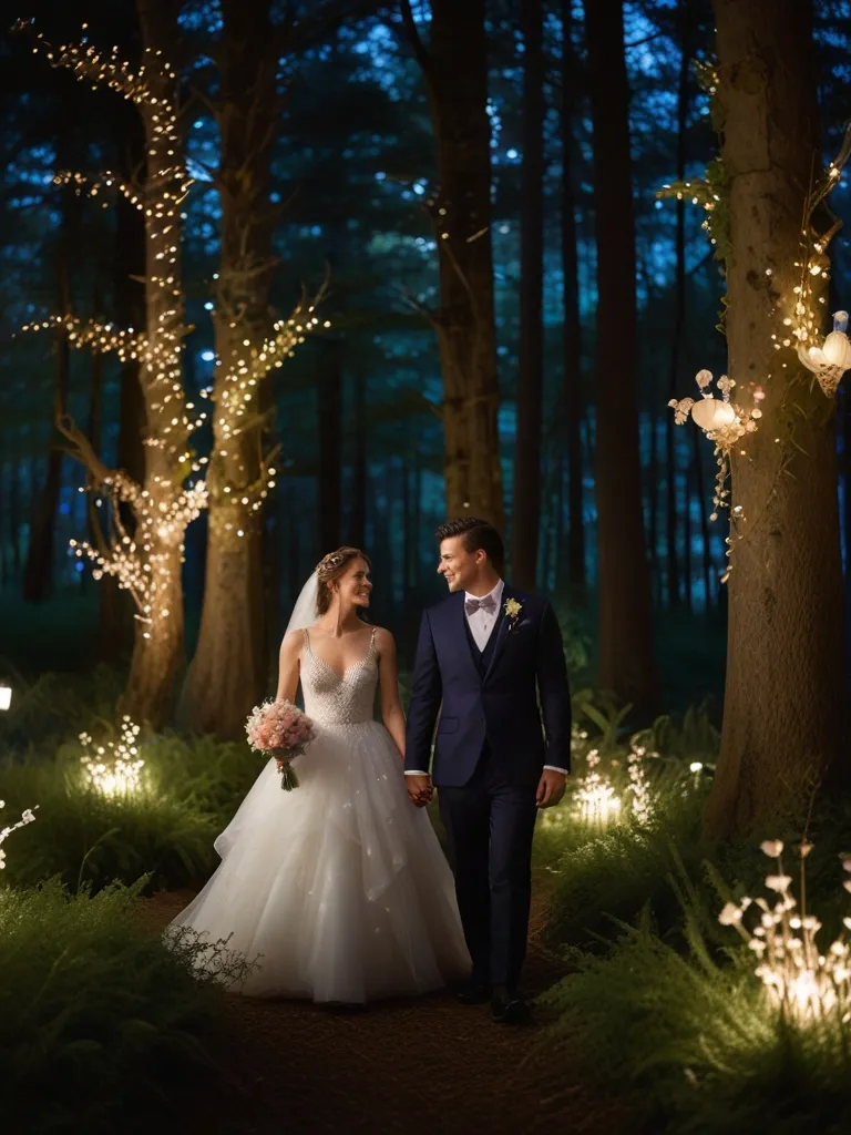 a bride and groom walking through the woods at night