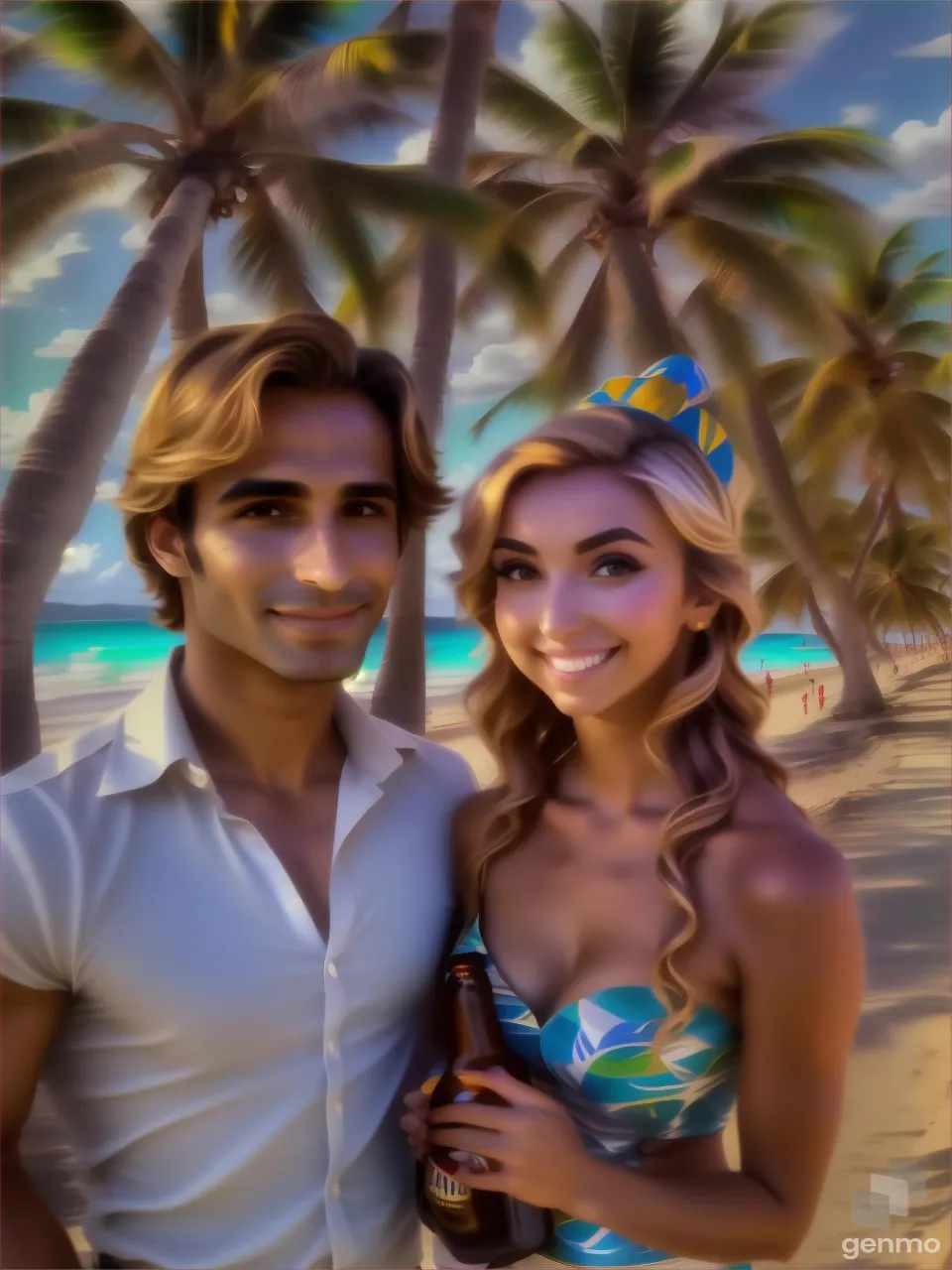 a man standing next to a woman on a beach, the man carries a box of German bier