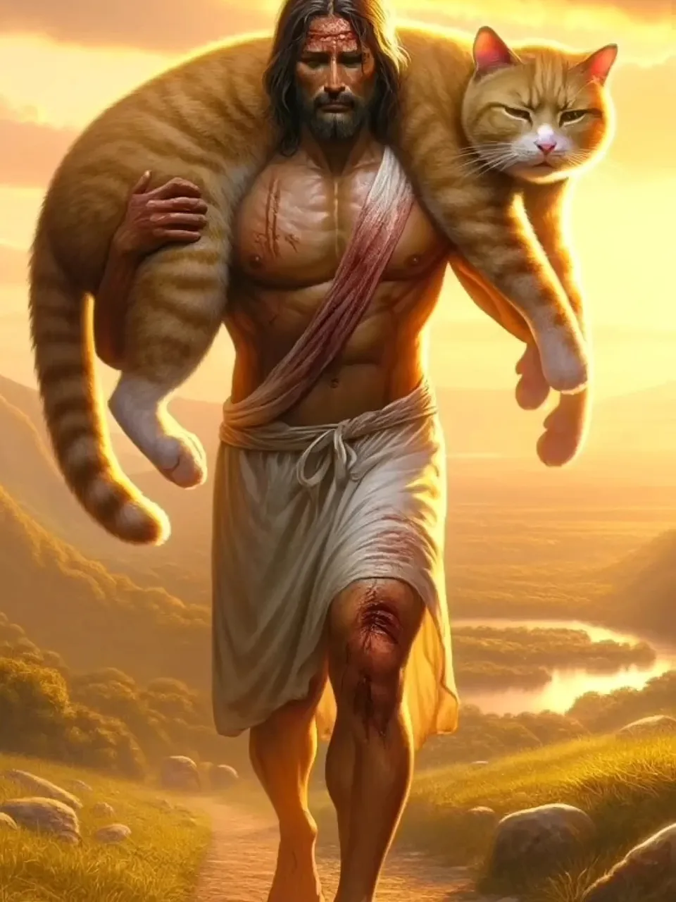 The peaceful figure of Jesus cradles a cat at sunset on the empty shore of a calm sea