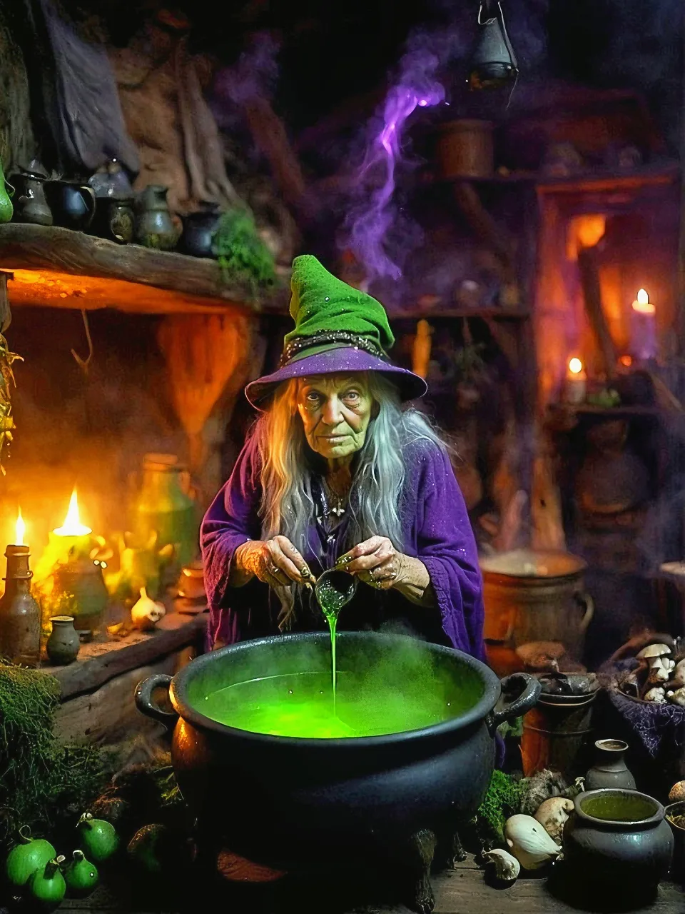 A witch stirring a pot over a fire in the middle of an enchanted forest, with magical creatures watching her from the shadows