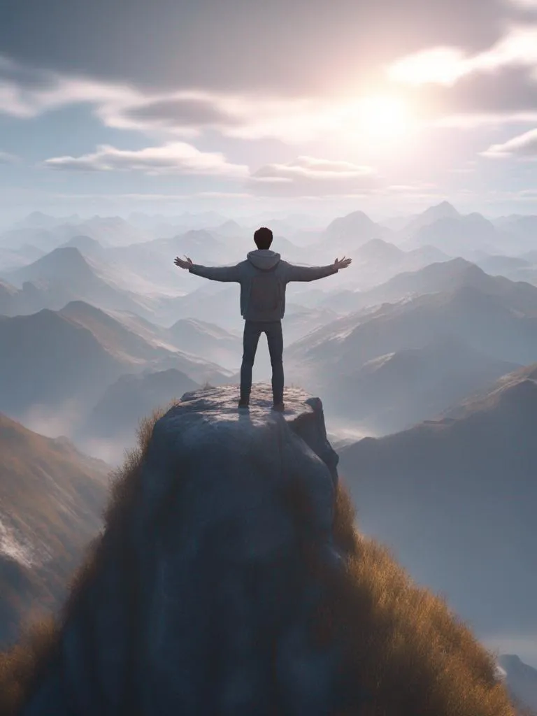 a man standing on top of a mountain with his arms wide open